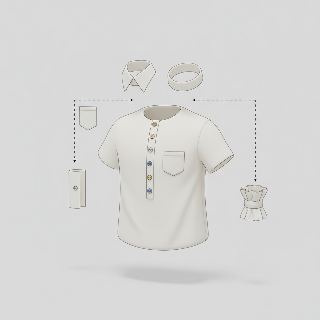 Exploded view: a core shirt with alternative collars, cuffs, pocket, and buttons floating on dashed lines.